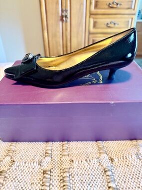 Hale Bob Black Patent Bow Slip-On Mule with Jewel Accent